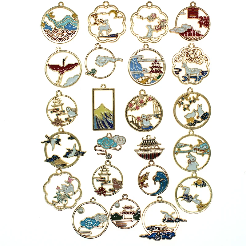 10pcs/lot Random mix Chinese style Pavilion Flower Rabbit Cat Enamel Charms for DIY Earring Jewelry Handmade Finding XL1102