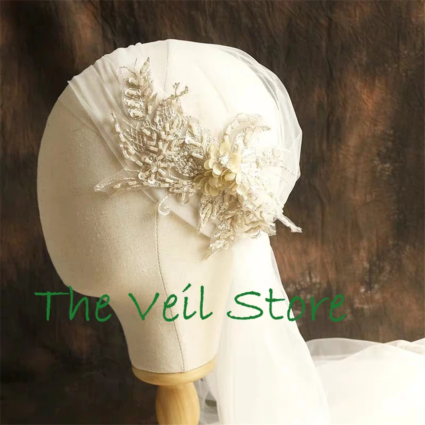 Long Vintage Juliet cap Bridal Vedding Veil Ivory Tulle Champagne Beaded Applique Veil for Brides Velo de Negra Voile de mariage