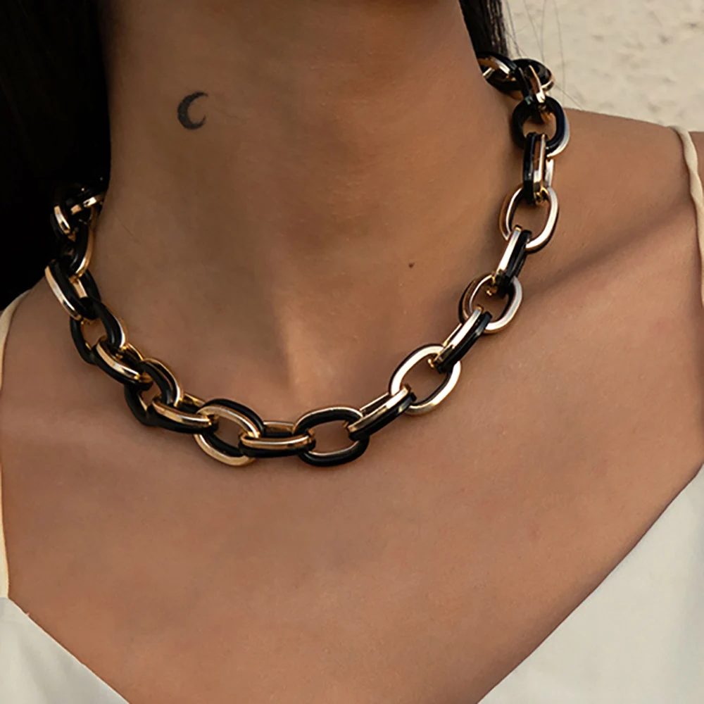 

Punk Cuban Curb Aluminum Chain Necklace Women's Retro Sexy Metal Chunky Hip Hop Brother Clavicle Necklaces Girl Jewelry Gift