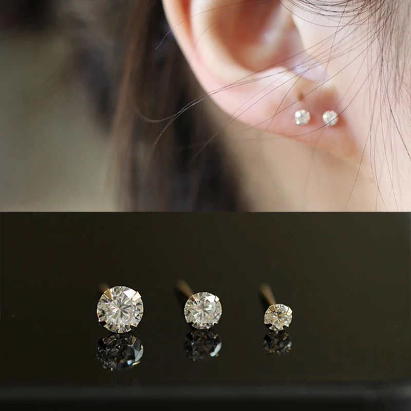 925 Sterling Silver 14 Gold Plated Fashion Girls Delicate Stud Earrings Set 3mm, 4mm, 5mm Zircon Cute Student Earring RD002