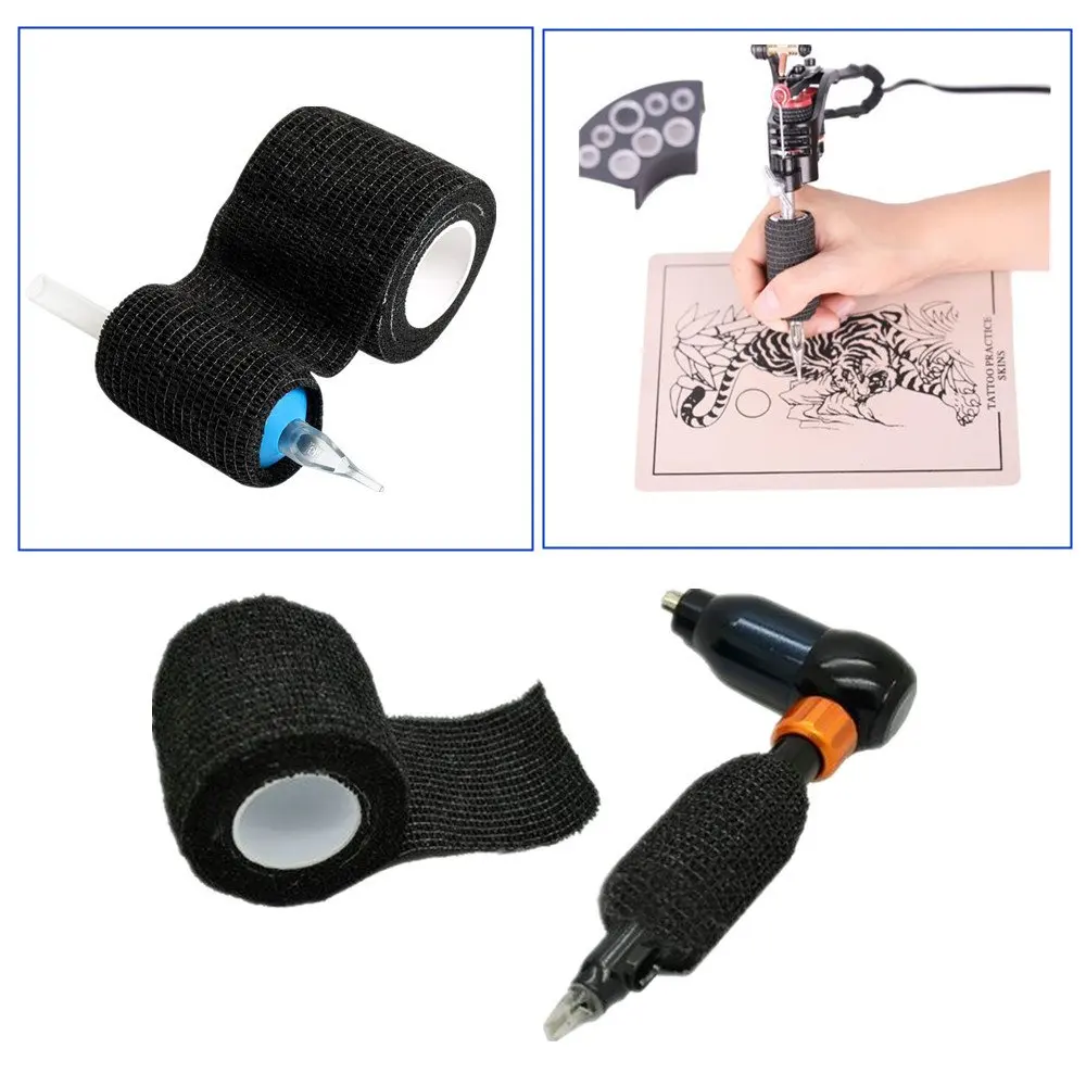 Bendaggio per tatuaggio nero, copertura per impugnatura per tatuaggio, impermeabile, 2,5 cm, accessori per tatuaggi con benda elastica autoadesiva monouso