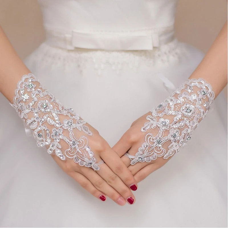 Guantes de novia elegantes cortos de encaje blanco con diamantes de imitación para mujer, guantes sin dedos, accesorios de boda