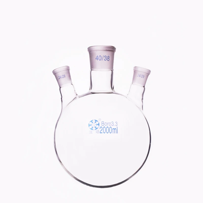 

Three-necked flask oblique shape,with three necks standard grinding mouth,Capacity 2000ml,Middle joint 40/38,lateral joint 24/29