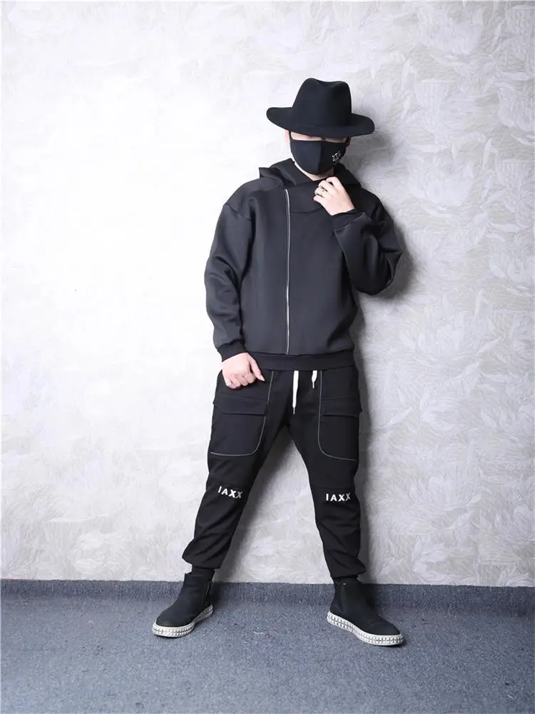 Men's Long Sleeve Hoodie Spring And Autumn New Nightclub Singer Dark Zipper Decoration Casual Loose Large Size Jacket