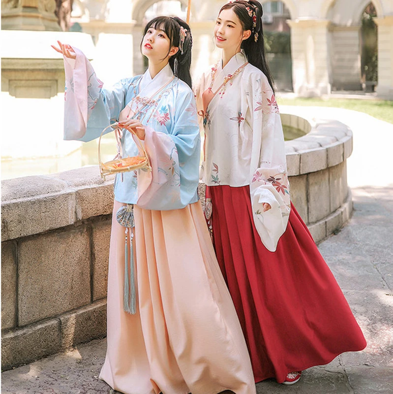 Endless Xia Hanfu Women Collar Wide Sleeve Ancient Costume chinese Skirt Maple Leaf Print Pleated hanfu dress Student hanfu suit