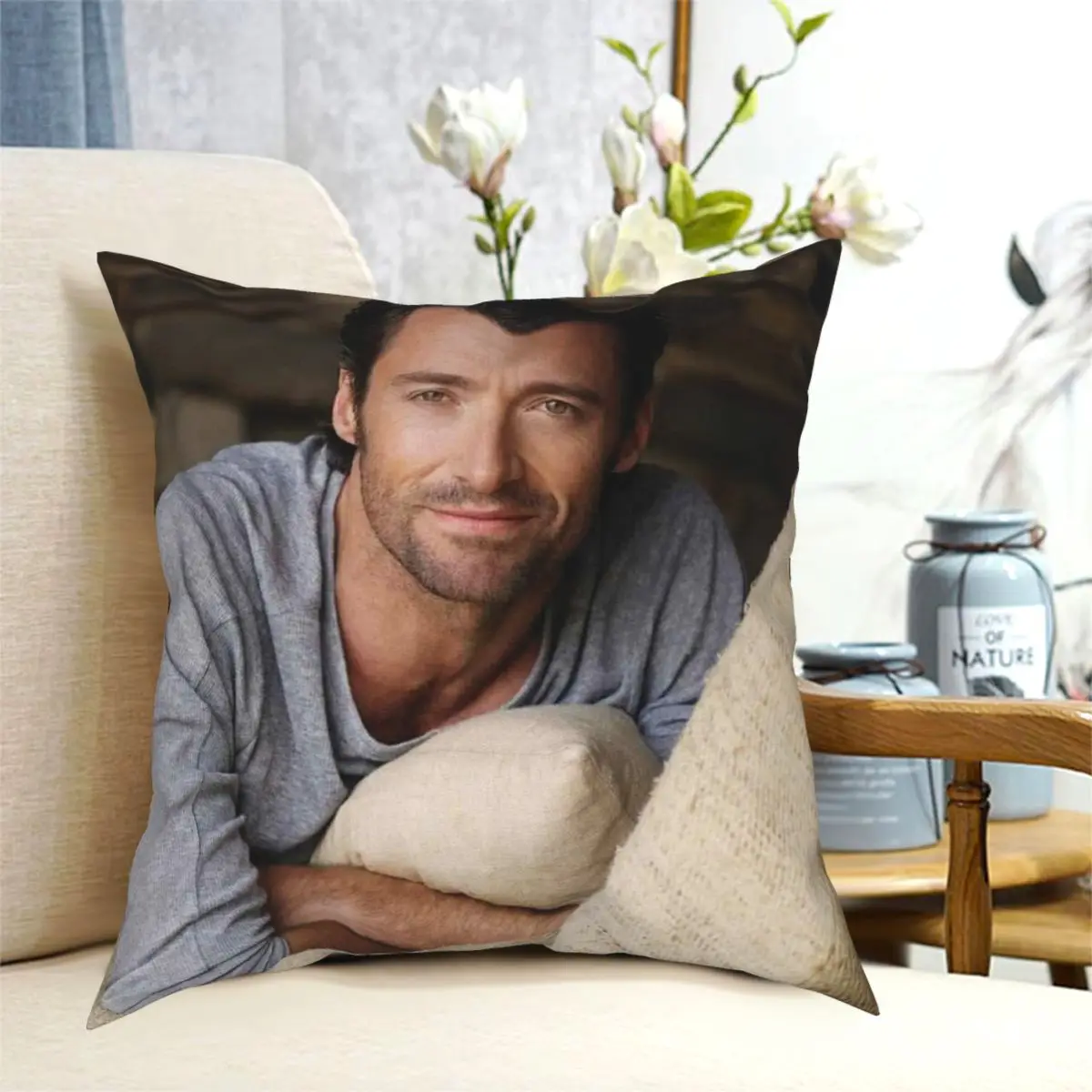 

Hugh Jackman Square Pillowcase Polyester Creative Zip Decor Pillow Case for Sofa Cushion Case