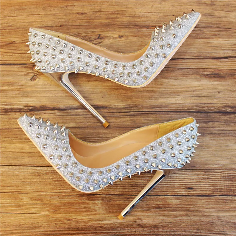 Bling Bling Ladies Metal Rivets Studs Pumps Stilettos Pointed Toe Spring Golden Silver Sequined Spikes High Heels Wedding Shoes