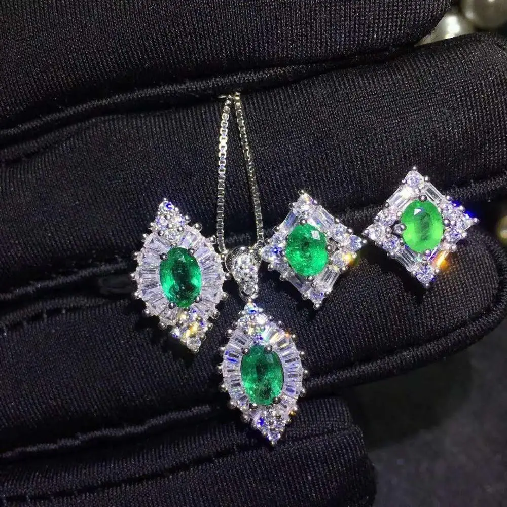 

Real Natural Emerald jewelry set Natural Real Emerald 925 sterling silver 1pc pendant,1pc ring,2pcs Earring