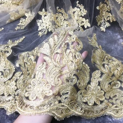 European style glittering apricot gold sequins embroidery flower net yarn lace garment designer fabric