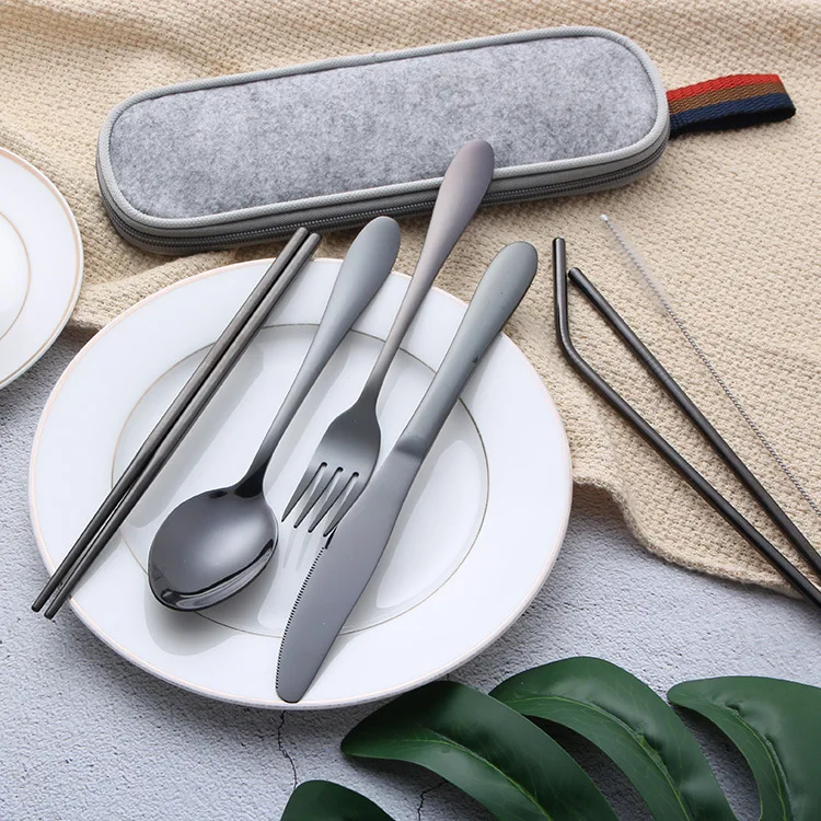 7pcs/lot Creative Stainless Steel Dinnerware Set Student Portable Tableware Spoon Fork Knife Chopsticks Sucker