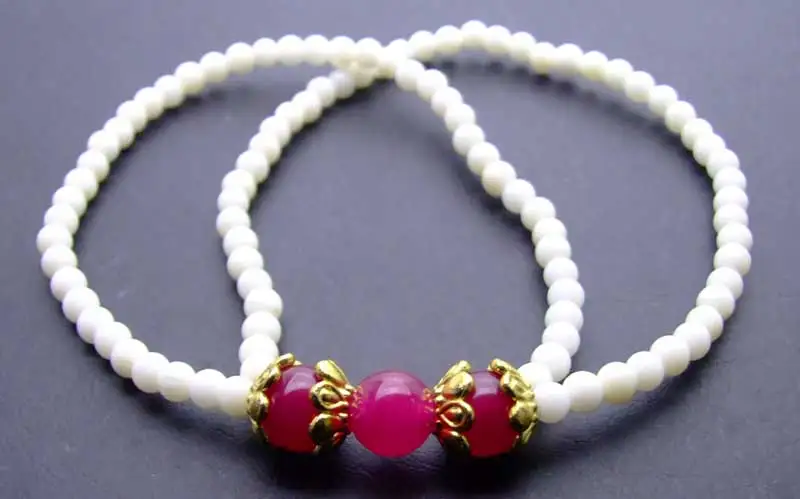 

Qingmos Natural 4mm White Coral Bracelet for Women with 8mm Round Rose Pink Jades Bracelet 2 Strands 7.5" Stone Bracelet bra294