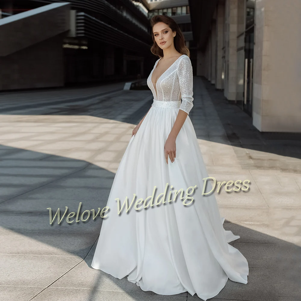 Elegancka satynowa błyszcząca suknia ślubna linia dekolt w serek z rękawami długość do podłogi dostosowana cekinowa suknia ślubna Vestidos De Novia