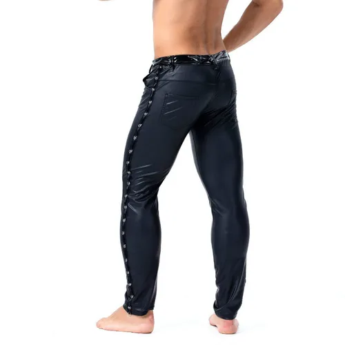 Imagen 2 del producto Pantalones de cuero sintético con remaches para hombre, de marca de ropa de calle S-XXL, ajustada, elástica, para primavera y verano