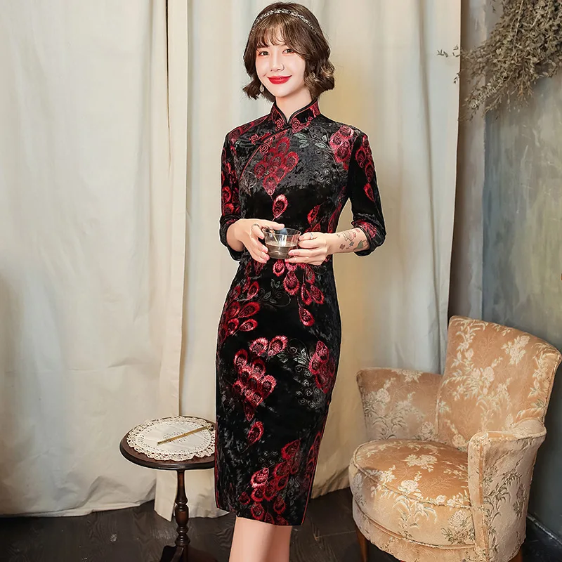 2021 Autumn Winter Cheongsam Stand Collar Fashion Velvet Dress Chinese Traditional Dresses Qipao