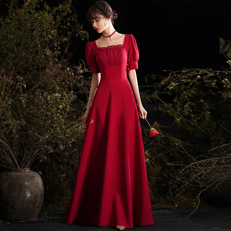 

Elegant Square Collar Puff Sleeve Evening Dress Back Zipper Wedding Formal Gowns Cheongsam Robe De Soiree Vestidos Size XS-3XL