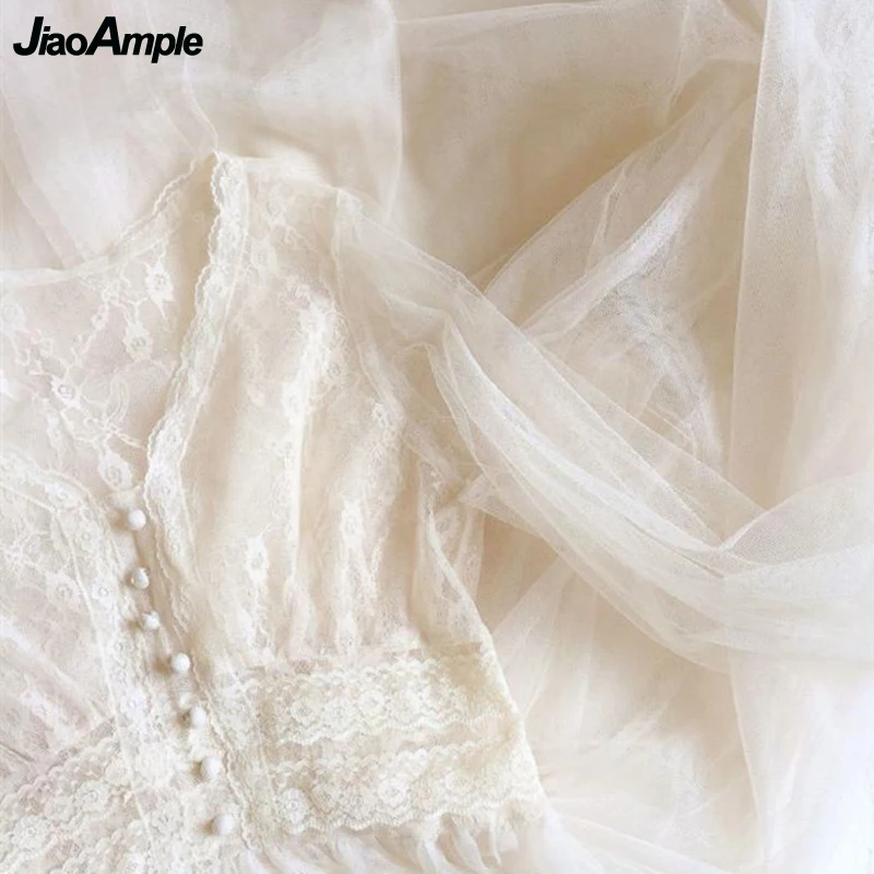 2025 New Girls Sweet Mesh White Dress Women Fashion Elegant Button A-Line Lace V-neck Gown Spring Summer Puff Sleeve Clothing