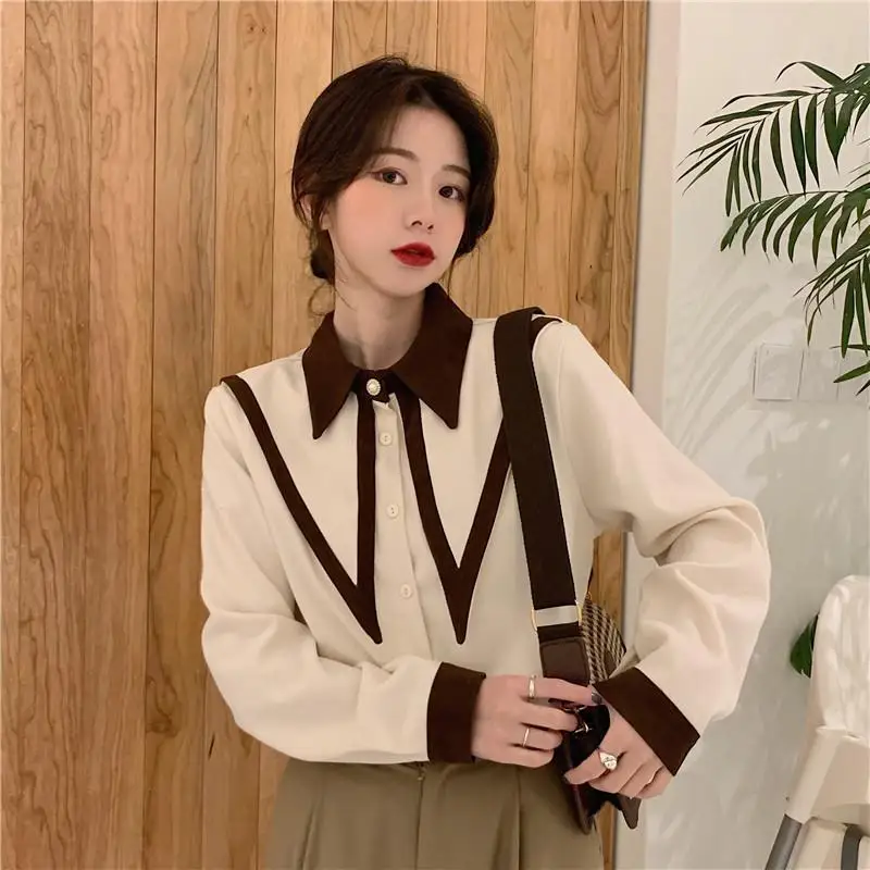 Elegant Shirts Women Vintage Long Sleeve Spring Ladies All-match Peter Pan Collar Charm Chic Design Sweet Patchwork Korean Retro