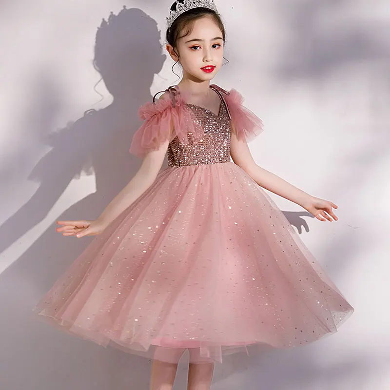 Flower Girls Dress Sequin Tutu Kids Pink Princess Dresses Children Ruffle Tulle Mid Length Party Gown Wedding Bridesmaid Fancy