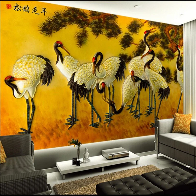 

wellyu Custom mural 3d wallpaper embossed crane crane Songhe Yannian TV background wall living room bedroom background wallpaper