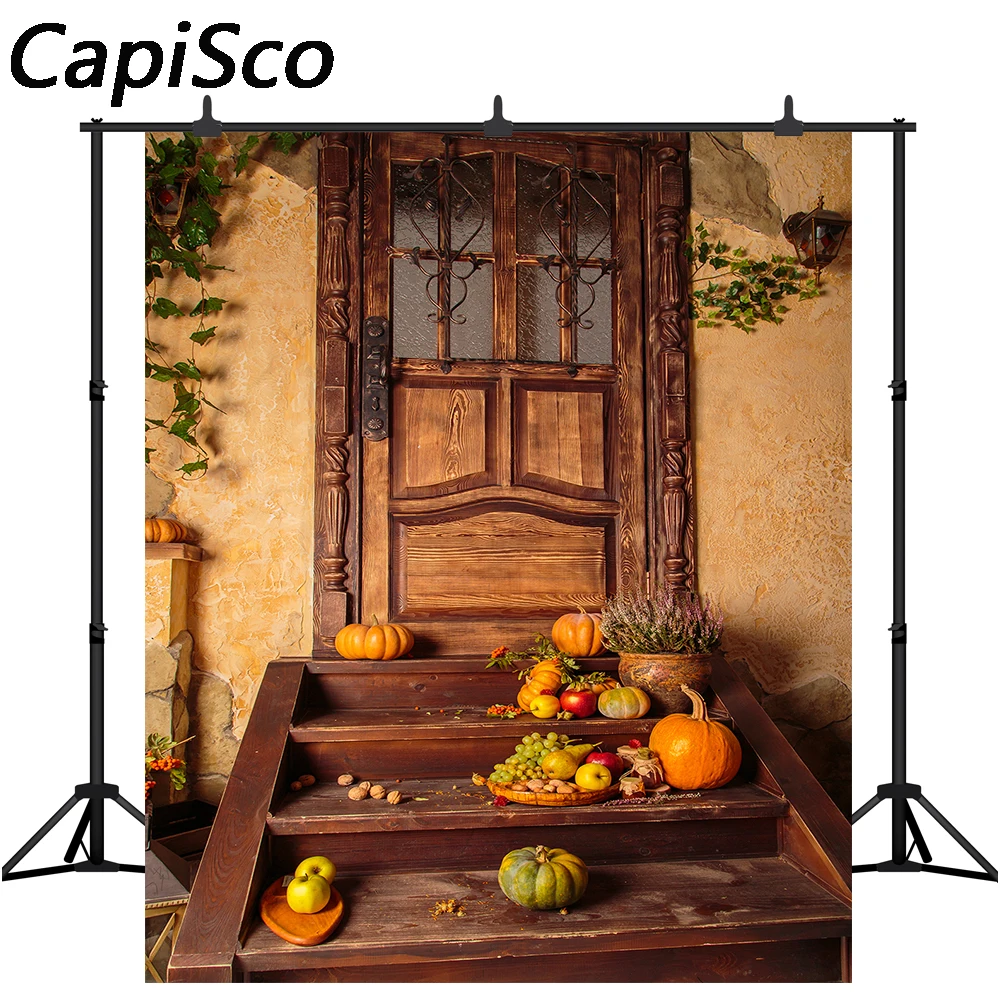 Capisco Photography backdrop Halloween autumn pumpkins retro wood door fall background photo photoshoot photobooth studio props