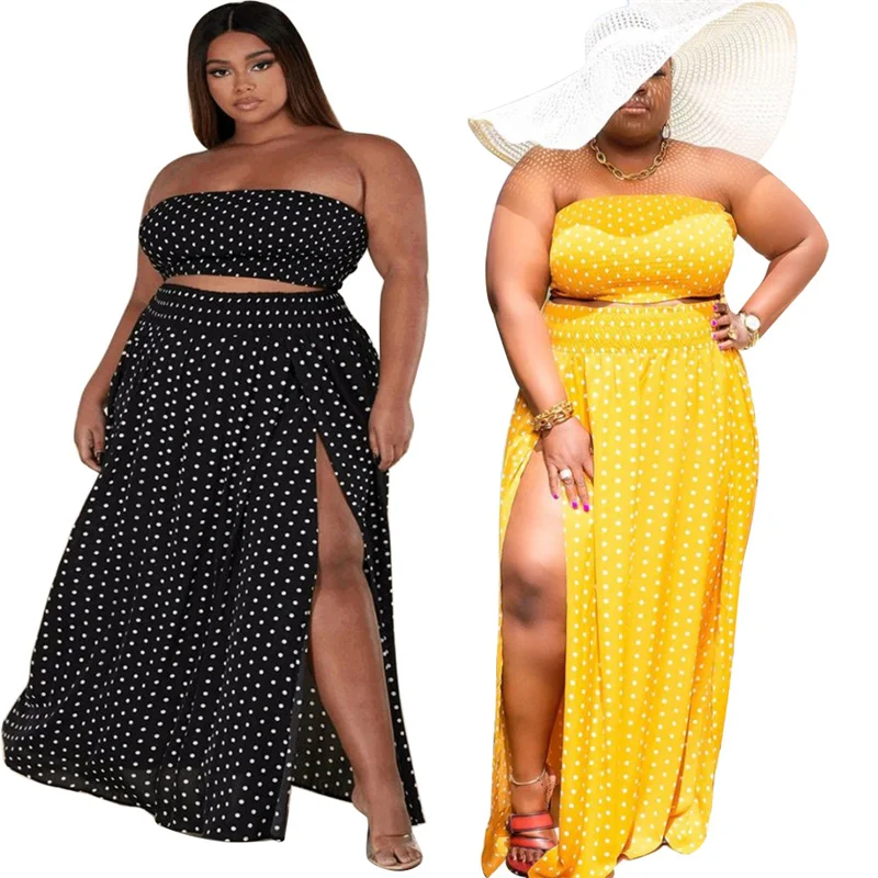 Plus Size Two Piece Set Women Summer Holiday Clothes Wholesale Sexy Sweet Bra Maxi Skirt Dots Print Beatch Style Dropshipping