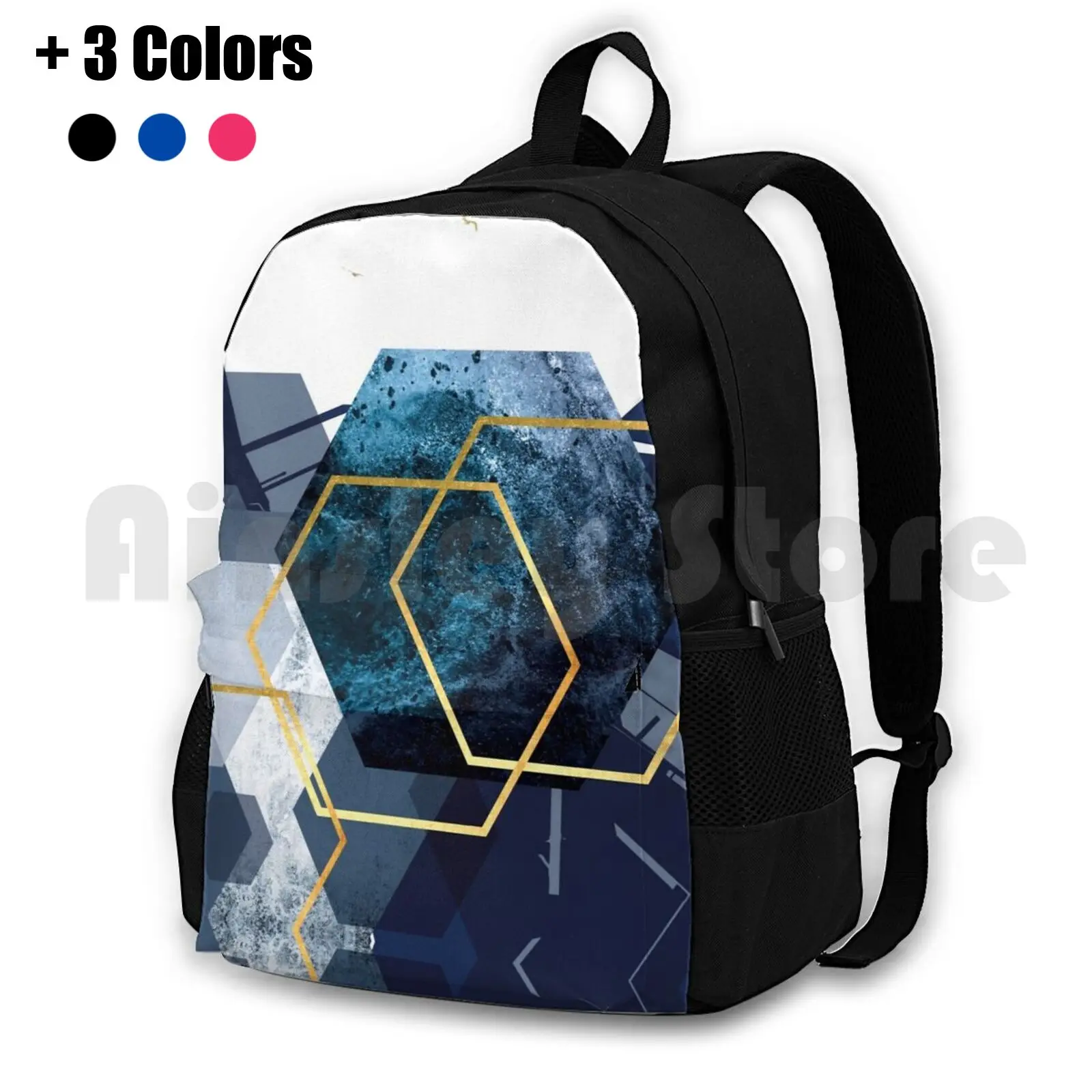 Abstract Landscape Part 2 Outdoor Hiking Backpack Waterproof Camping Travel Abstract Geometric Navy And Gold Navy Blue Blue And