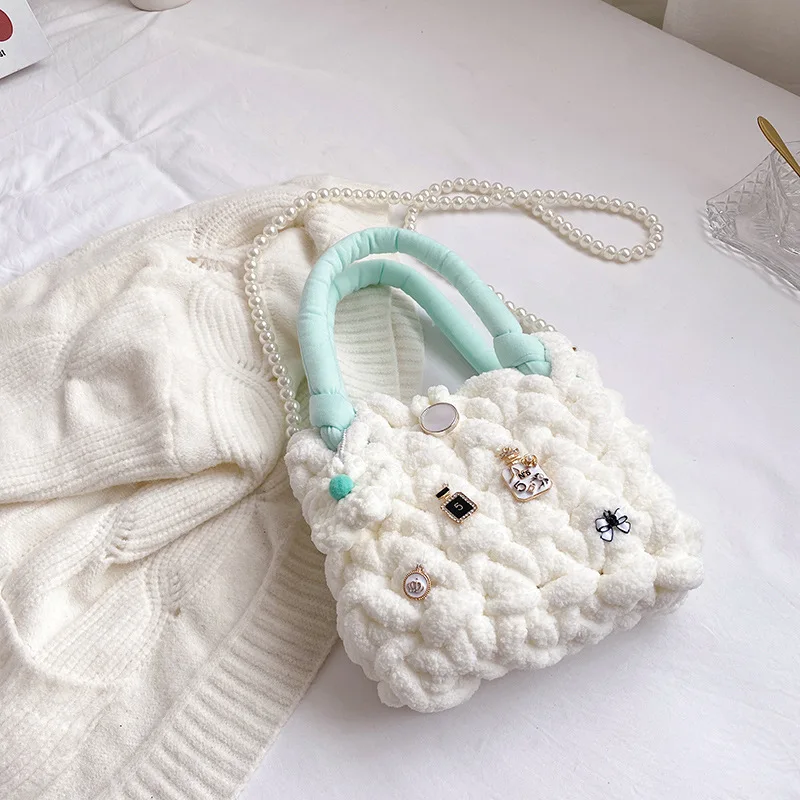 Pearl Fashion Bag 2022 Girls DIY Woven Cotton Candy Cloud Messenger Bag Small Purses and Handbags for Kids