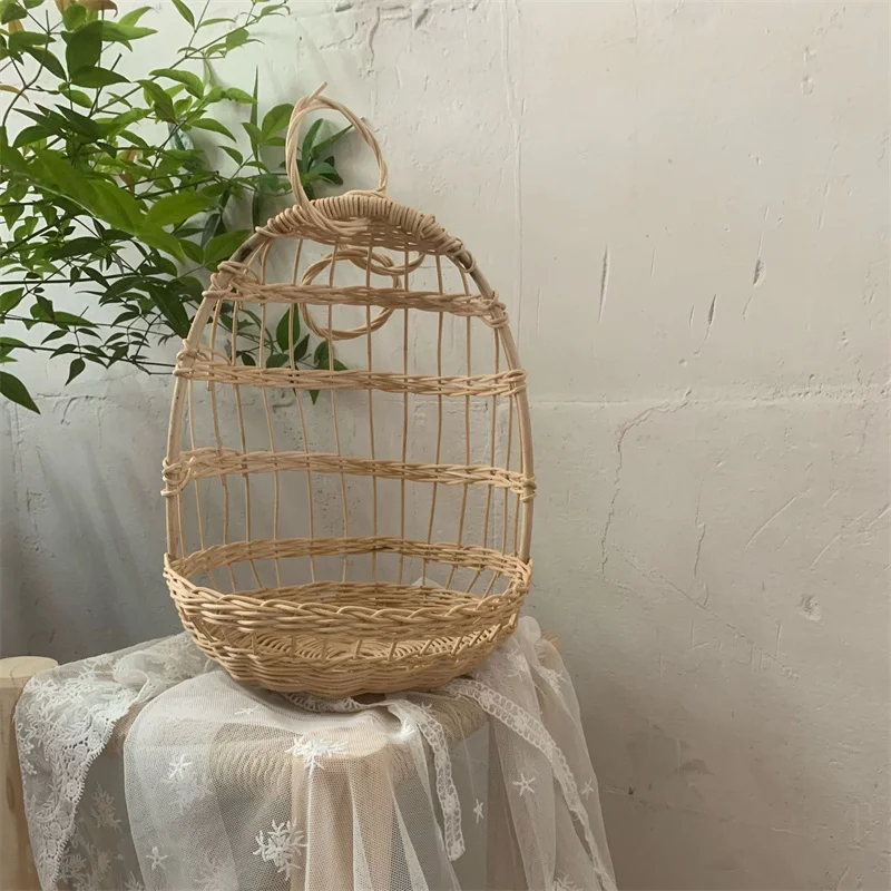 Nordic Hand-woven Rattan Doll Swing Storage Basket Flower Pot Fruit Rattan Basket Plant Pot Container Hanging Toy Storage Decor