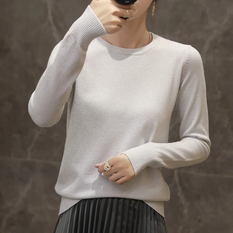 Suéter de Base de cuello redondo para mujer, Jersey suelto de manga larga, Tops de punto de seda brillante de Color sólido, novedad, Otoño e Invierno
