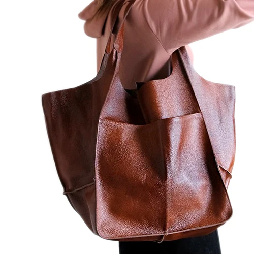 Imagen 2 del producto Bolso de mano informal de gran capacidad para mujer, bolso de diseñador de aspecto de Metal envejecido, bolso de hombro de cuero Pu de lujo, monederos grandes Retro