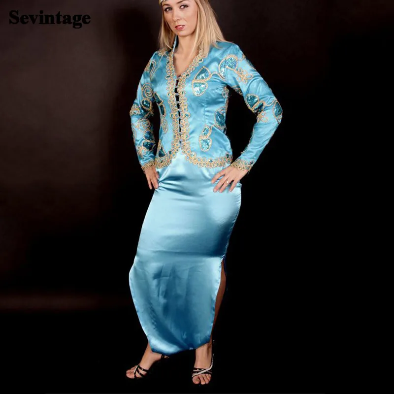 Sevintage 2 Pieces Long Sleeves Evening Dresses Karakou Algerian Sequines Appliques Lace Prom Gowns Satin Formal Party Dress