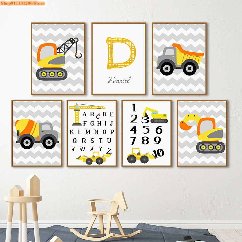 Full Square Diamond Painting Cartoon Alphabet Hook Excavator Truck Crane Mosaic Diamond Embroidery Cross Stitch Kits Home Decor