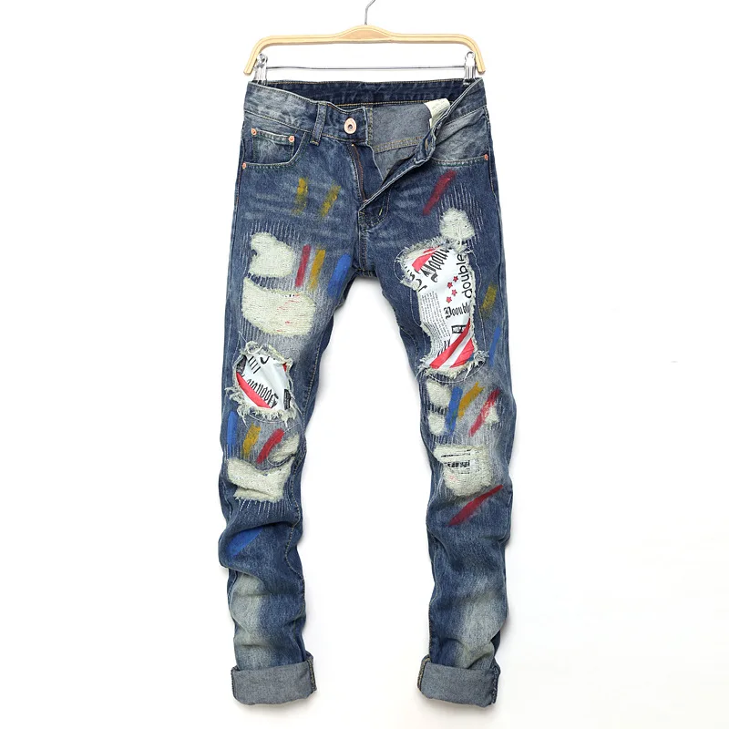 Men's Ripped Jeans Street Lacquered Crow Trousers Trendy Male Casual Straight Stick Cloth Throwing Fashion Beggars' Denim Pants