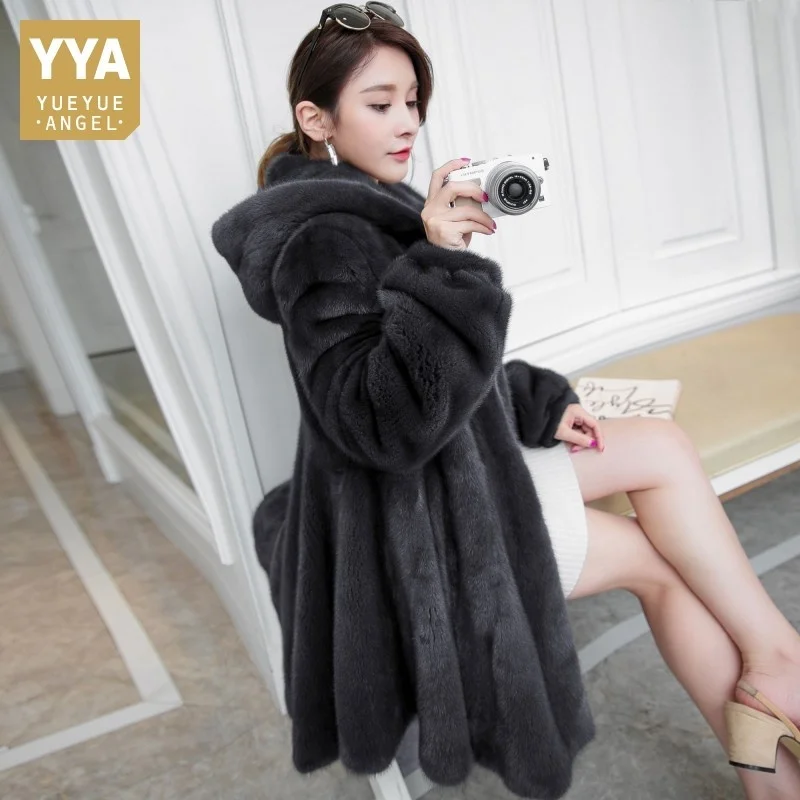 Quality Top Luxury Mink Genuine Leather Real Fur Womens Overcoats Korean Thick Warm Medium Length Hooded Coats Plus Size M-5XL