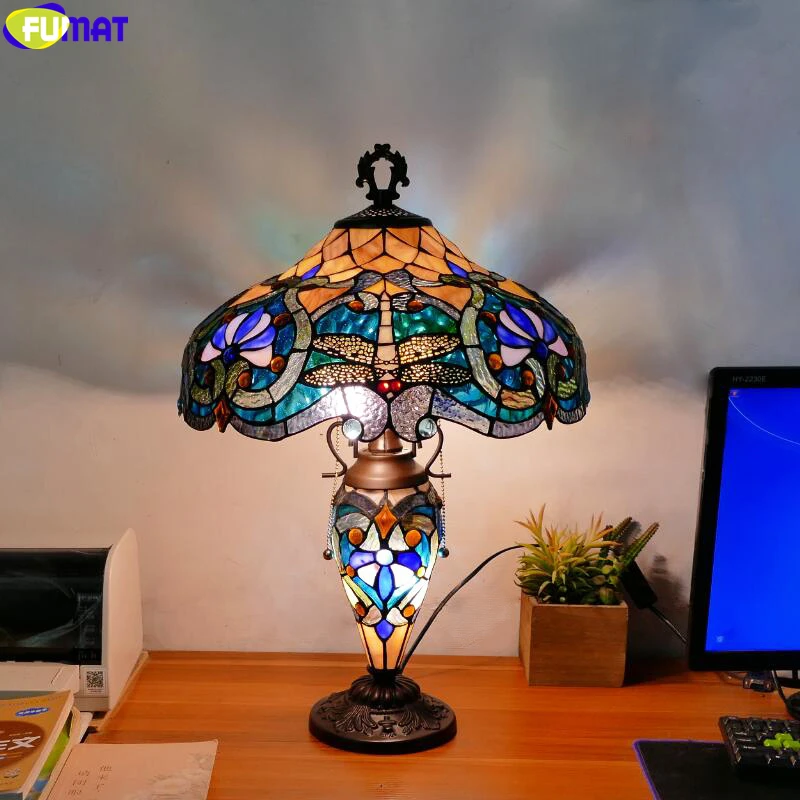 

FUMAT Tiffany Style Lash Stained Glass Art Desk Decor Light Antique Nordic Classical Style Table Lamp Luxury Child Master Night