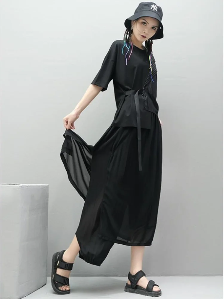 Lady Chiffon Pants Irregular Culottes Casual Pants Summer New Dark Elastic Waist Asymmetric Stitching False Two Design Pants