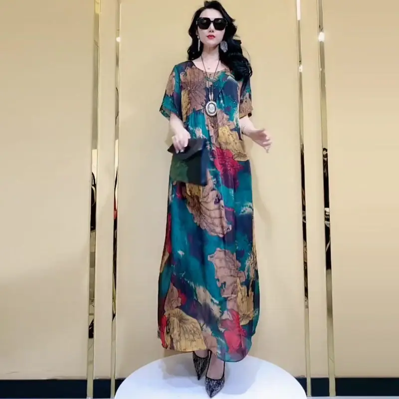 New Summer Vintage Dresses Female Fashion Loose Printed Long Dress Women Silky Silkworm Dress Vestidos Mujer 5XL W2467