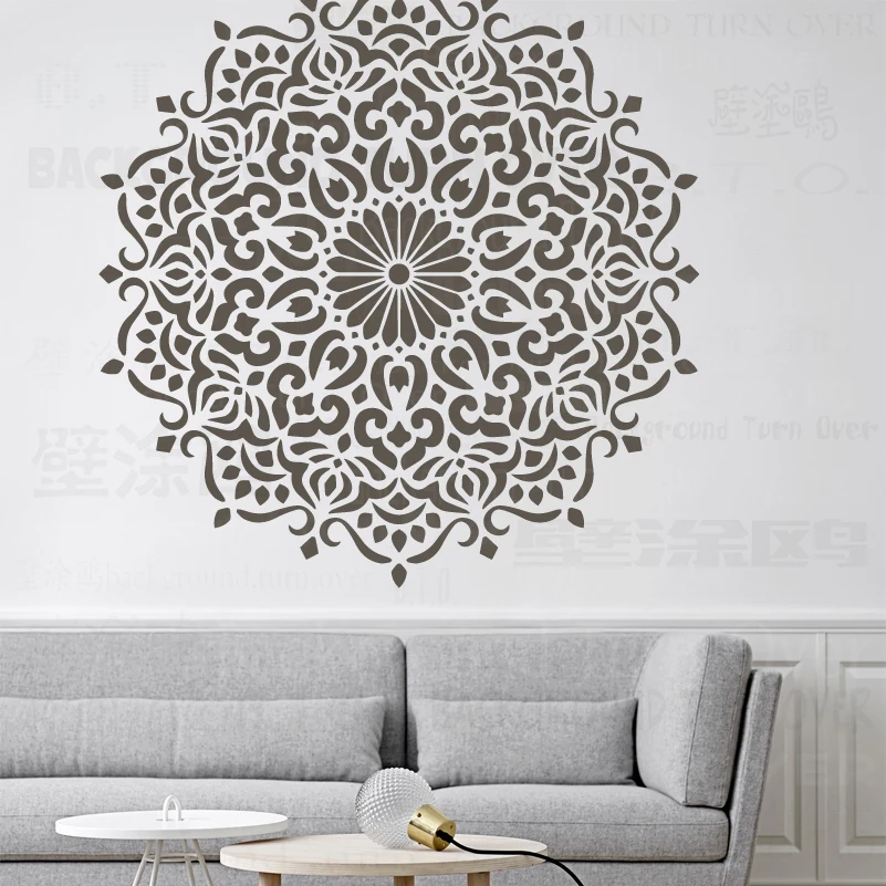 100ซม.-140ซม.Stencil สำหรับผนังตกแต่งห้องนั่งเล่นเฟอร์นิเจอร์ขนาดใหญ่ยักษ์ Mandala อินเดียคำชาติพันธุ์ร...