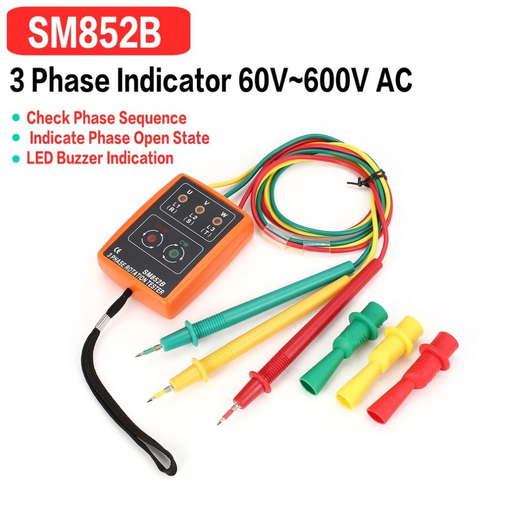 SM852B 60V-600V AC 3 Phase Rotation Tester Digital Phase Indicator Detector LED Buzzer Phase Sequence Meter Voltage Tester