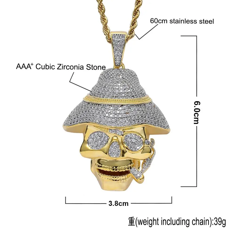 Movie Jewelry Pirates of the Caribbean Skull Pendant with Cigar Micro Paved Cubic Zirconia Stone Pendant Necklace Hiphop Joyas