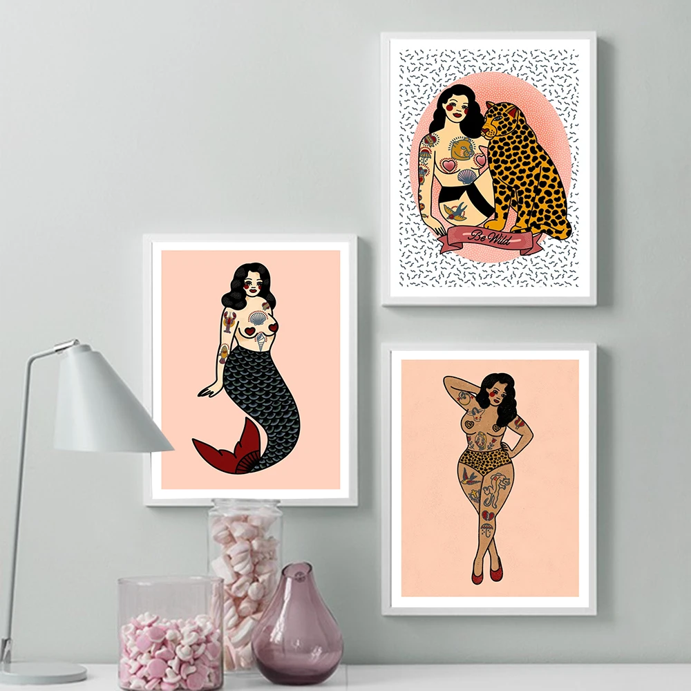 Mermaid cartoon posters and prints wild leopard girl canvas painting wall picture living room children bedroom decoration kinder