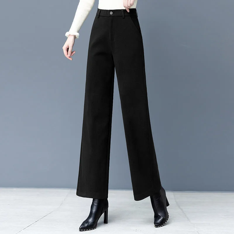 Fall Winter Office Woolen Wide Leg Pants Women Casual High Waist Thicken Pantalones New Wool Blend Warm Straight OL Sweatpants