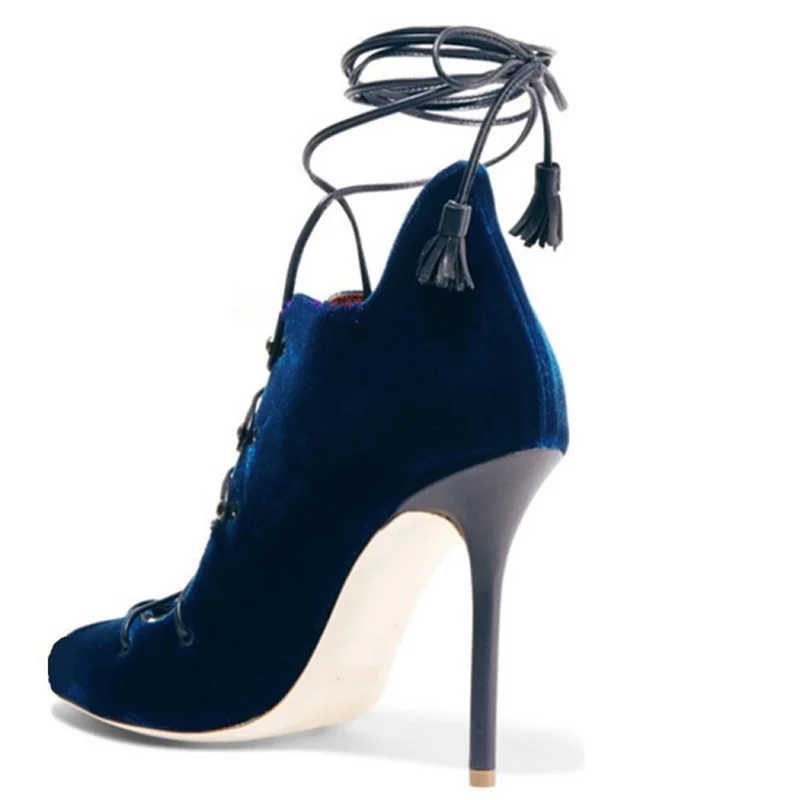 

Newest women summer ankle boots peep toe blue black Velvet pumps ankle strap lace up fringe thin high heels sandals women