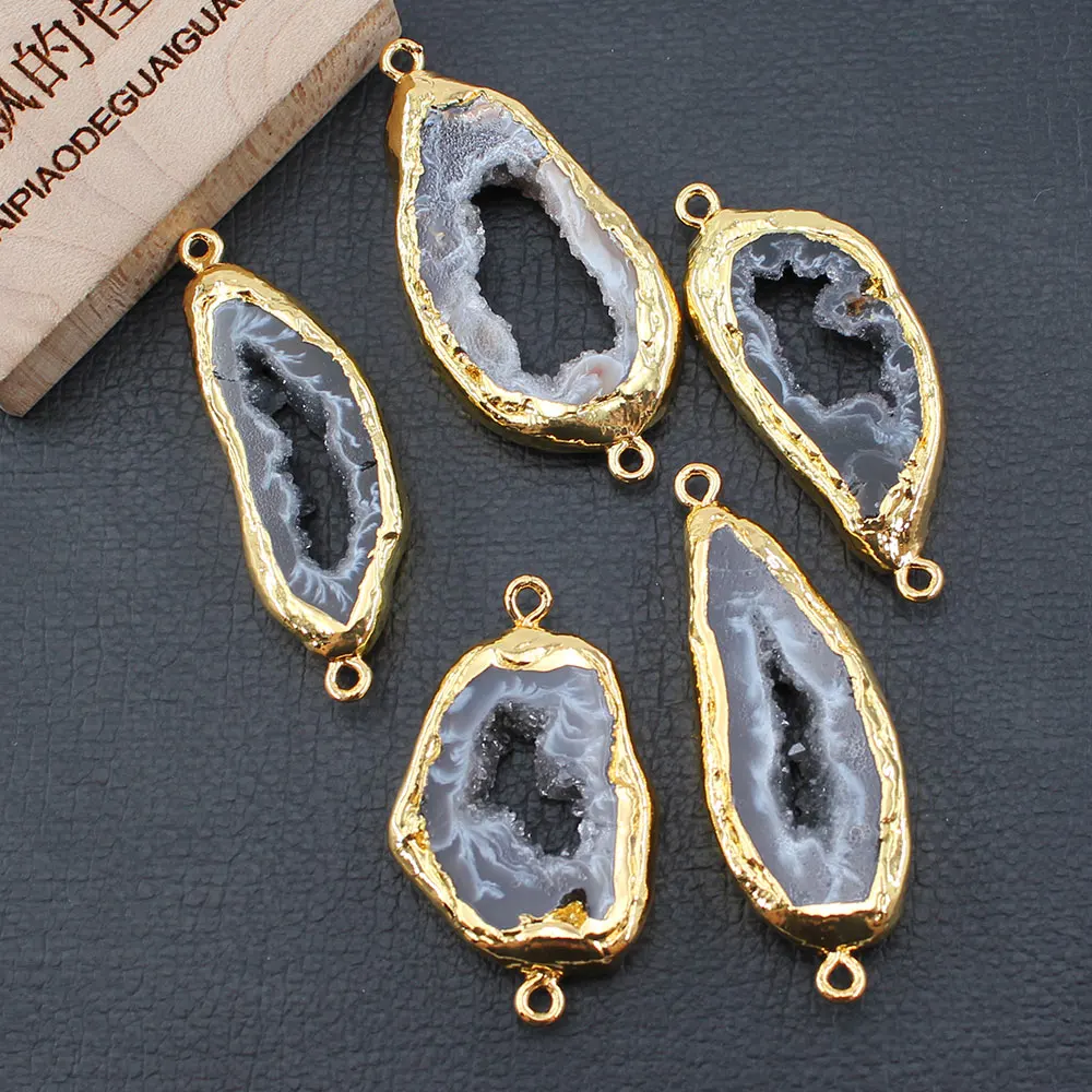 APDGG 5Pcs 16x36mm Natural Black Agate Gold Plated Nugget Quartz Pendant Connector For Necklace Bracelet Earrings Jewelry DIY