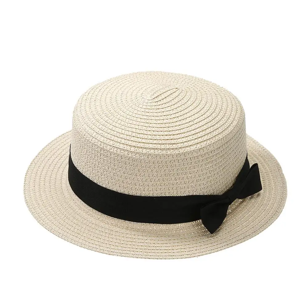Summer New Women\'s Sun Hat Bucket cap Ribbon Flat top Straw Hats Beach Caps Panama Women Sun Hat Brim Bowknot Straw Outdoor Hat
