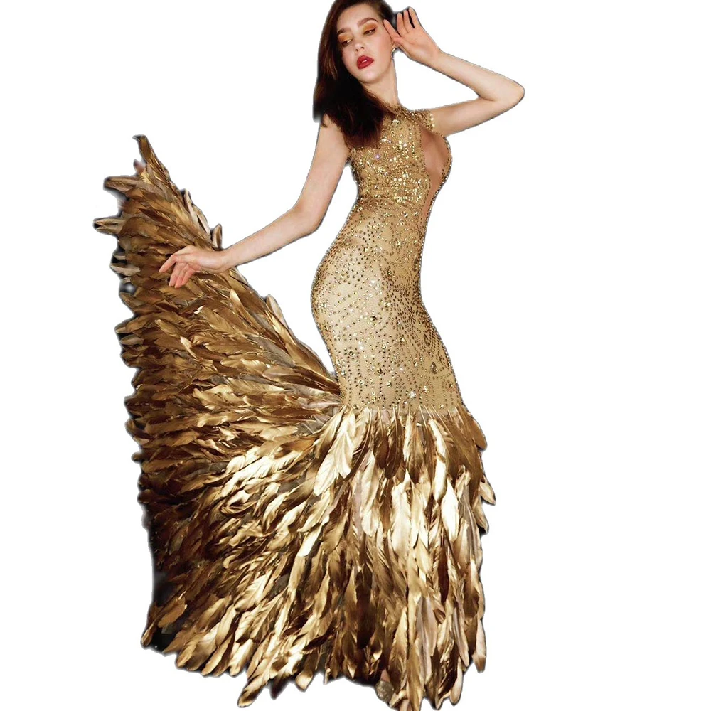 Women Glisten Gold Inlaid Diamond Dress Transparent Sleeveless Tight Elastic DS Costumes Long Feathers Trailing Dressy