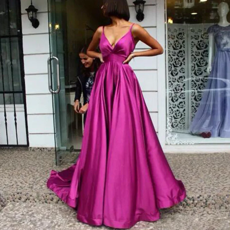 

Fuchsia V Neck Backless Prom Dresses Long A Line Spaghetti Strap Sweep Train Evening Dress Party For Women 2021