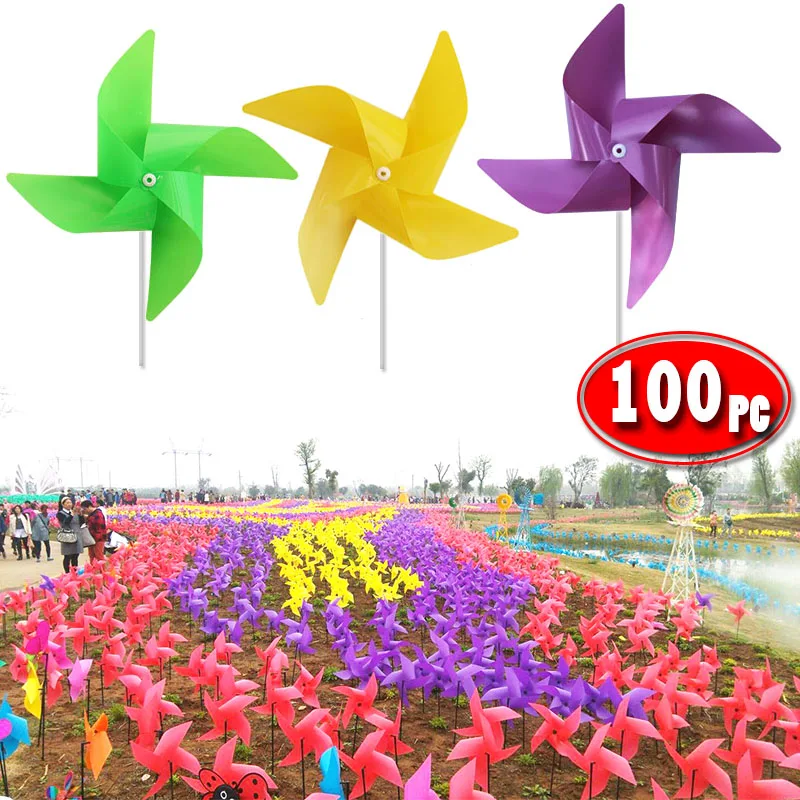 100pcs Windmill+ 100pcs Pole  Waterproof  Plastic Windmill Toys Garden Lawn Party Decor Toy Gift for Kids Craft Toys