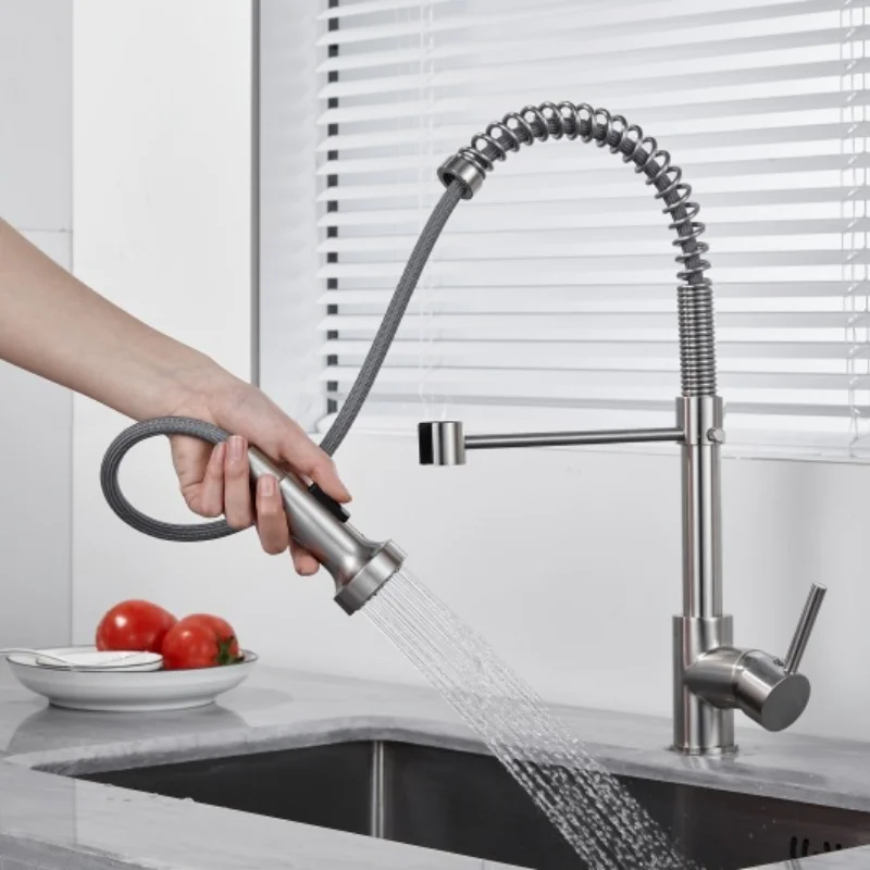 

Spring Tube Black Pull-out Shower Kitchen Faucet Copper Alloy Brushed Cold and Hot Mixed Water Retractable Universal Sink Faucet