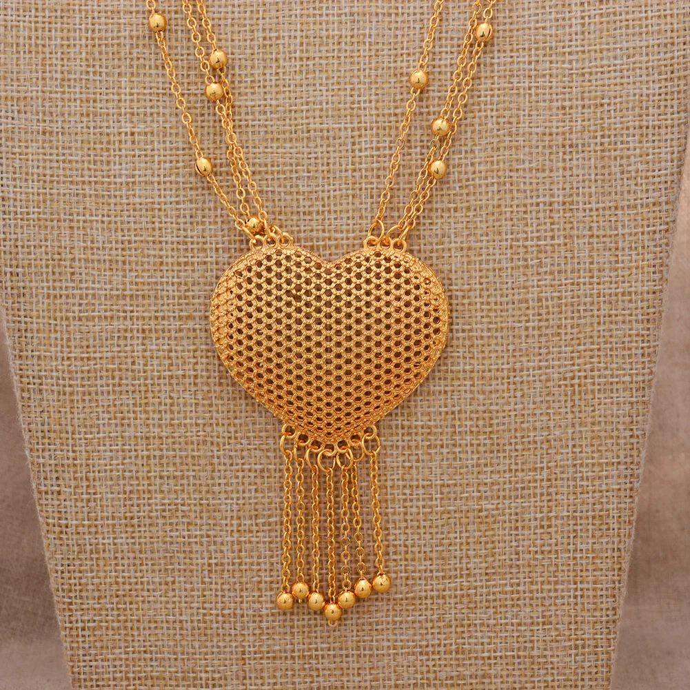 24K Dubai Gold Color Heart Jewelry Sets for women Necklace earrings Ring bridal African wedding ornament wife gifts Jewelry set